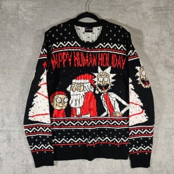 Rick Morty Sweater Mens‎ Medium Happy Human Holiday Novelty Christmas Casual - Picture 1 of 7